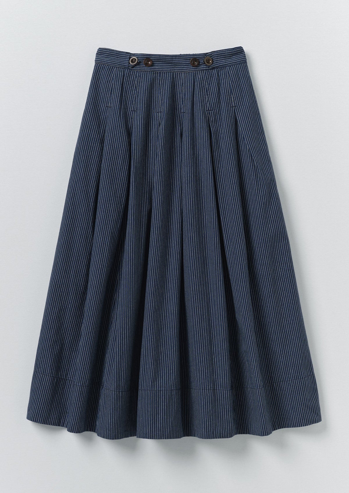 Railroad Stripe Pleated Cotton Skirt | Denim Blue