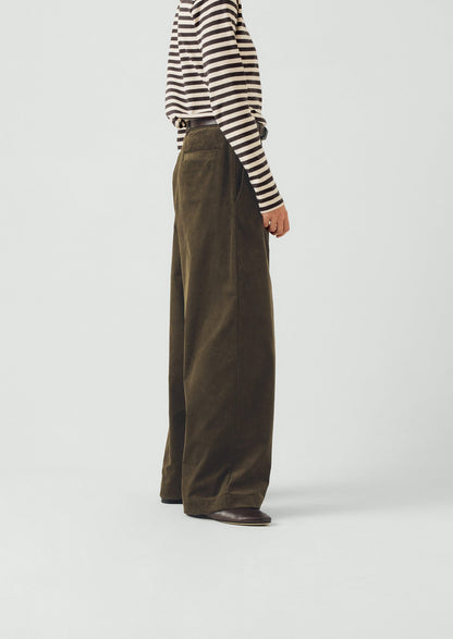 Organic Cord Box Pleat Trousers | Tent Green