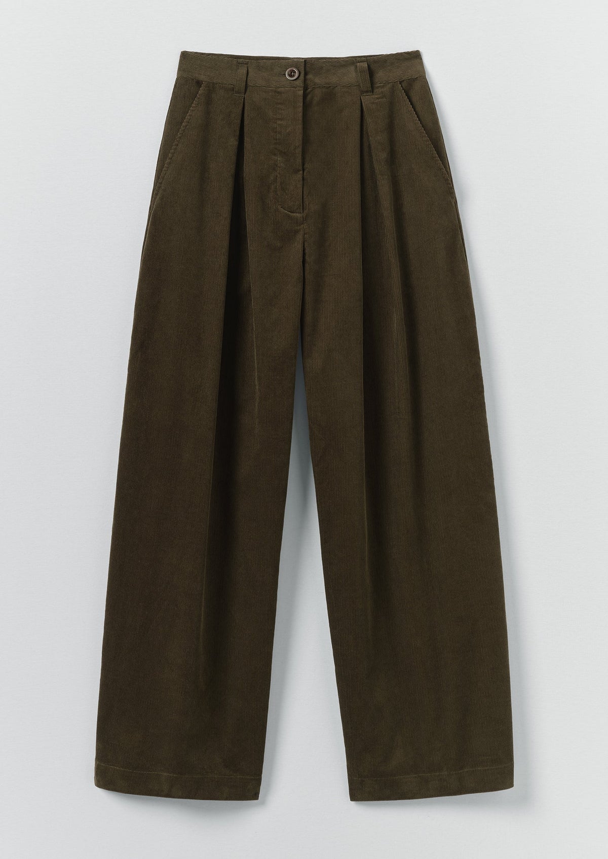 Organic Cord Box Pleat Trousers | Tent Green