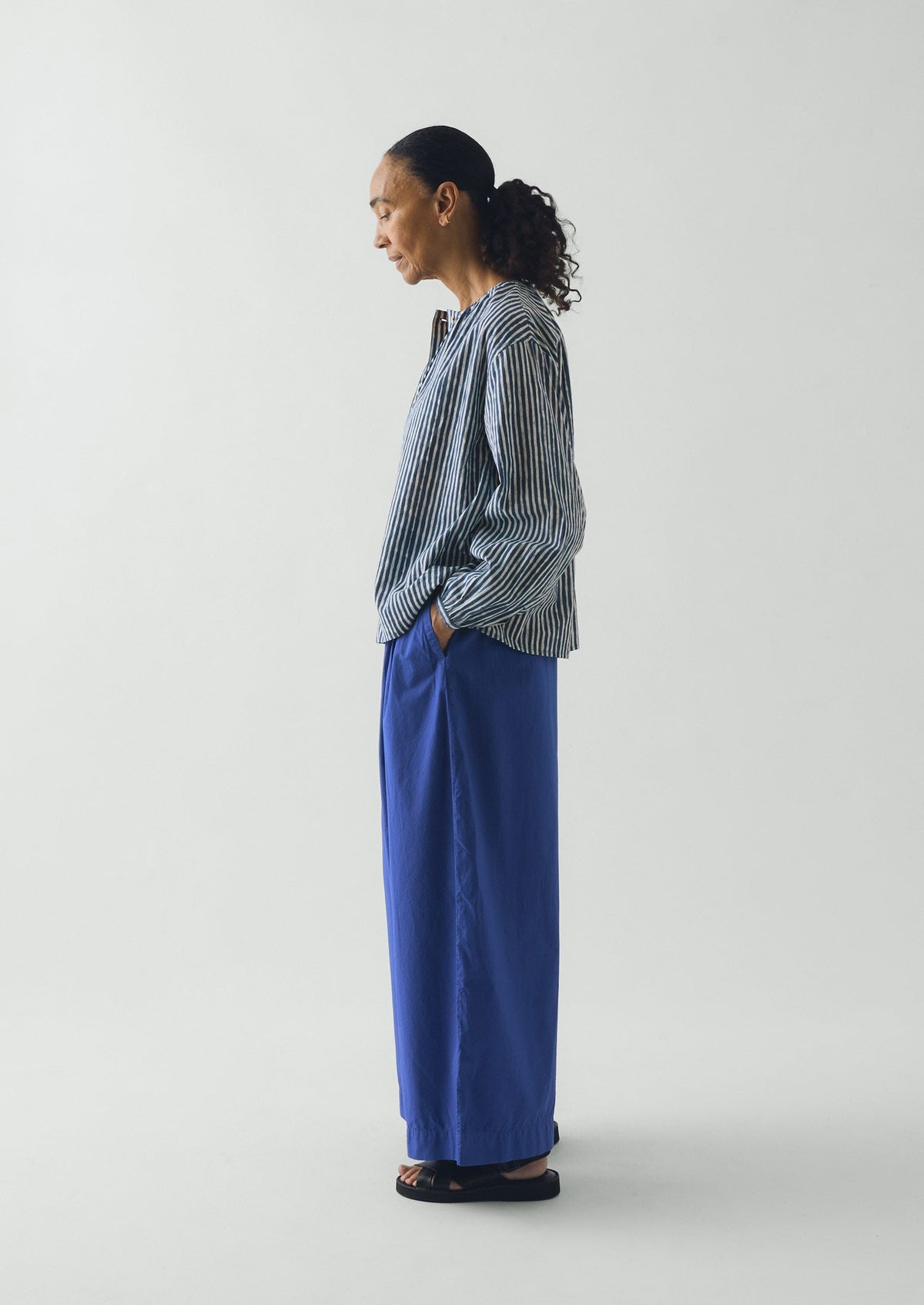 Natural Dye Stripe Cotton Gathered Top | Indigo