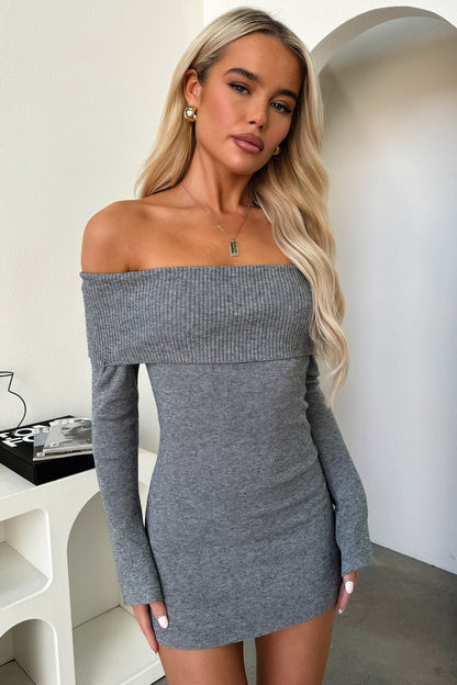 Aaliyah Off Shoulder Knit Mini Dress - Grey