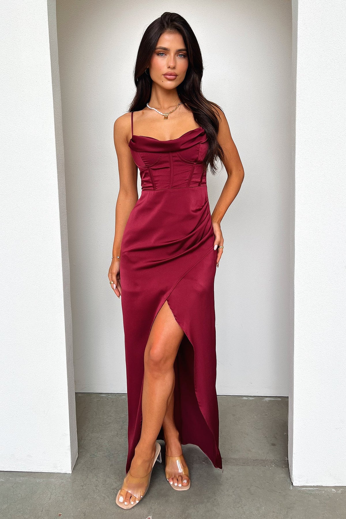 Aiana Satin Maxi Dress - Burgundy