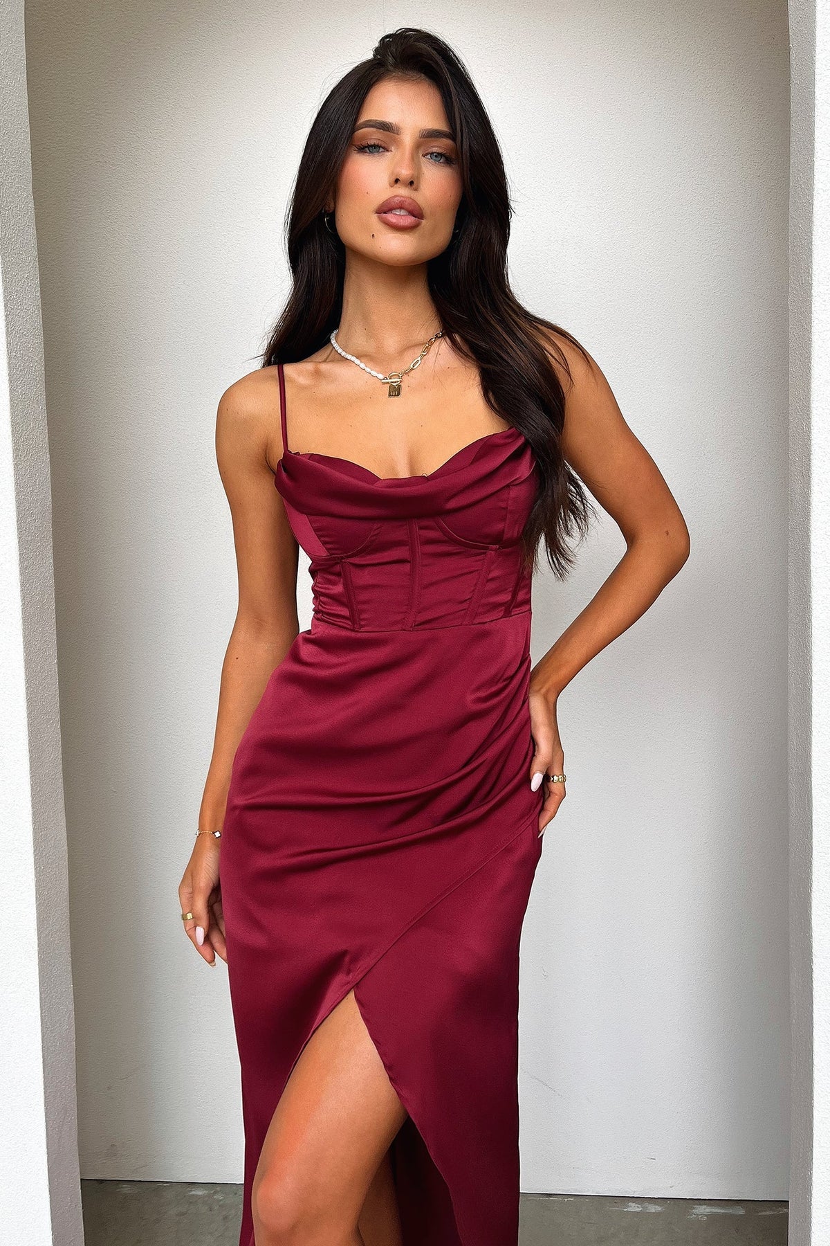 Aiana Satin Maxi Dress - Burgundy