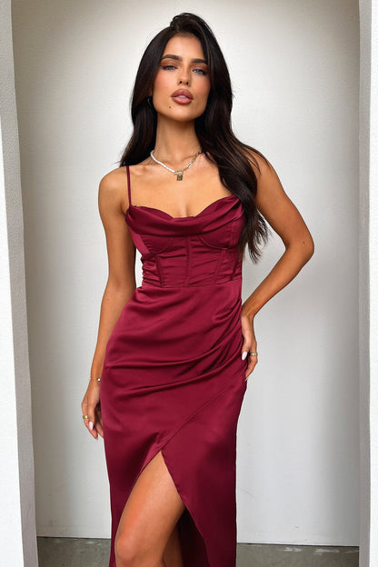 Aiana Satin Maxi Dress - Burgundy