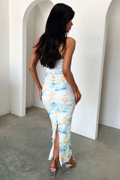 Alberta Ruched Maxi Dress - Blue/Yellow Floral