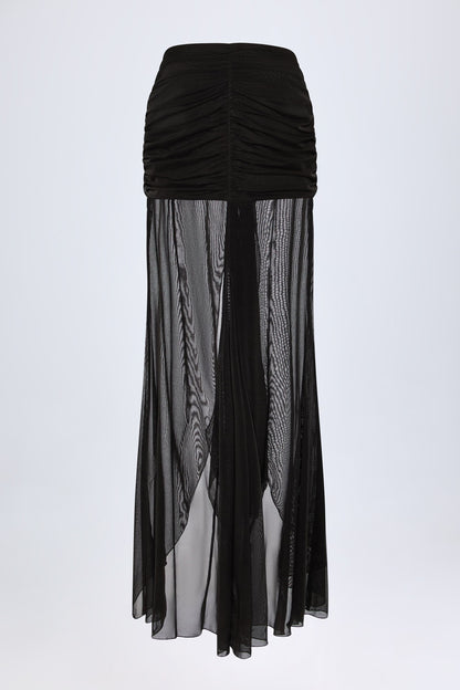 Ruched Hardware-Detail Fishtail Maxi Skirt in Black