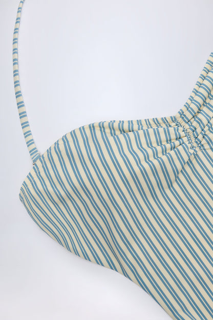 Cut-Out Halterneck Swimsuit in Teal Double Stripe