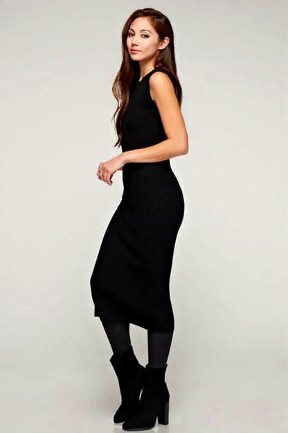 Would You Mind Black Ribbed Knit Crew Neck Sweater Dress