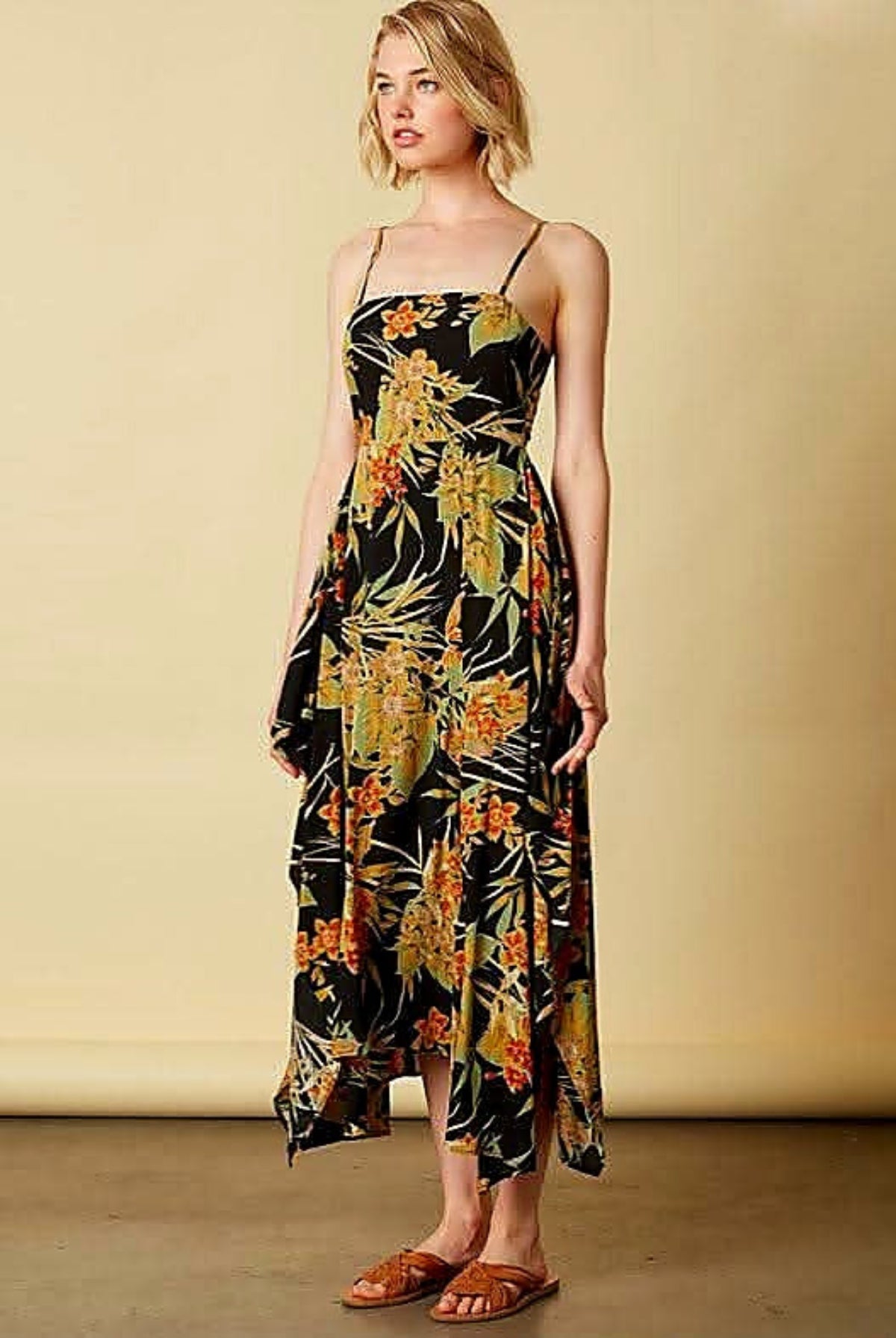 Tropical Thunder Black Floral Tie Back Midi Dress