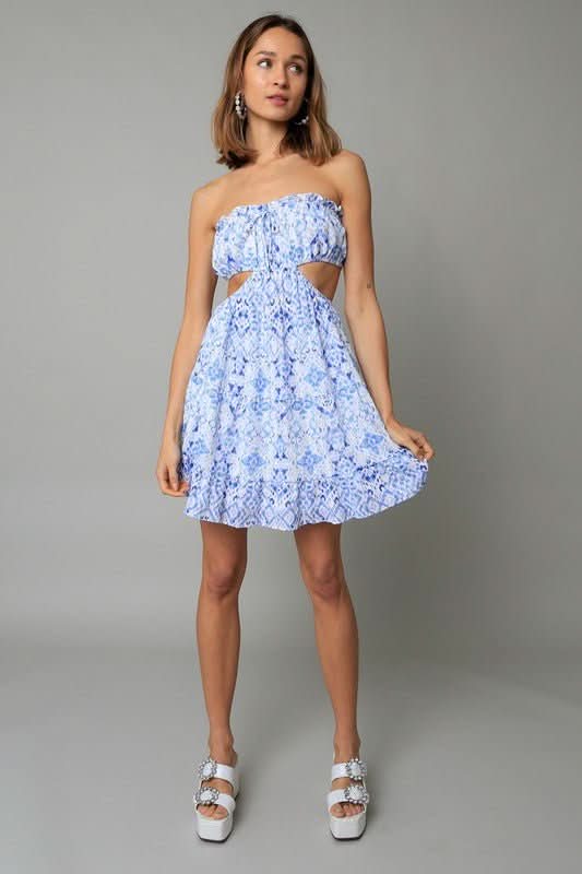 Maeve White and Blue Boho Print Strapless Dress