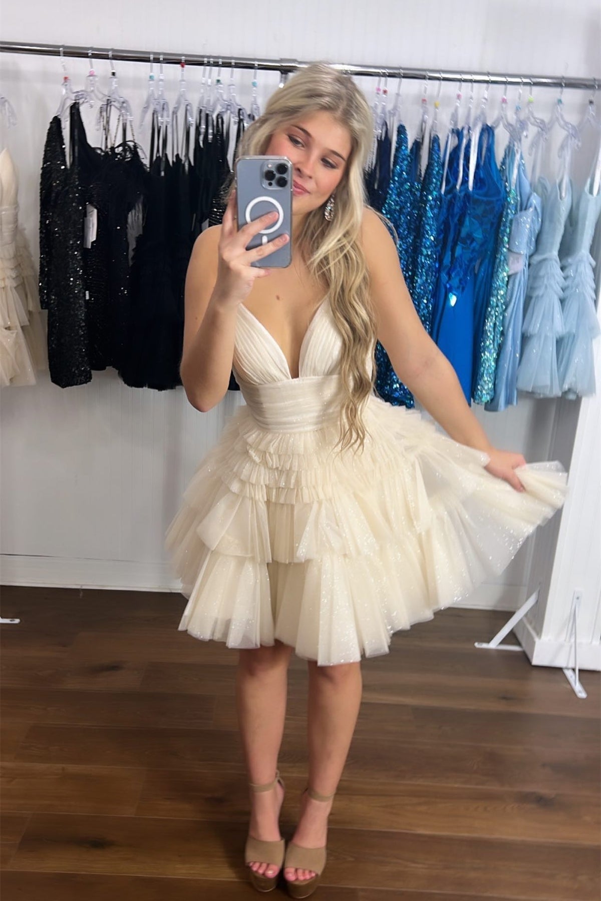 Straps Blue Tiered Ruffle Short A-line Homecoming Dress
