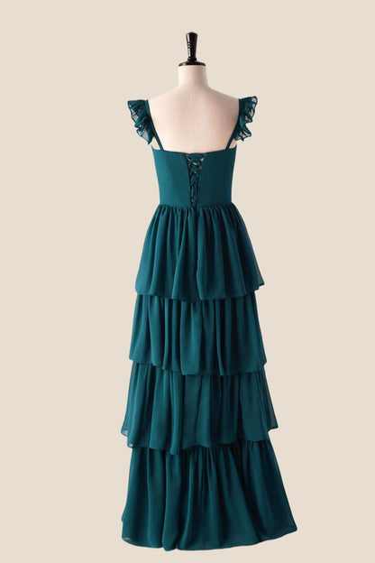 Straps Dark Blue Ruffle Long Bridesmaid Dress