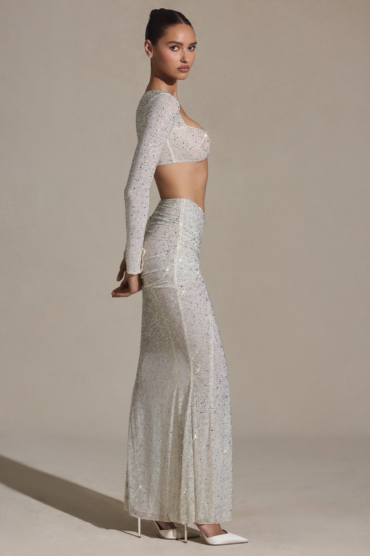 Embellished Ruched Maxi Skirt in White