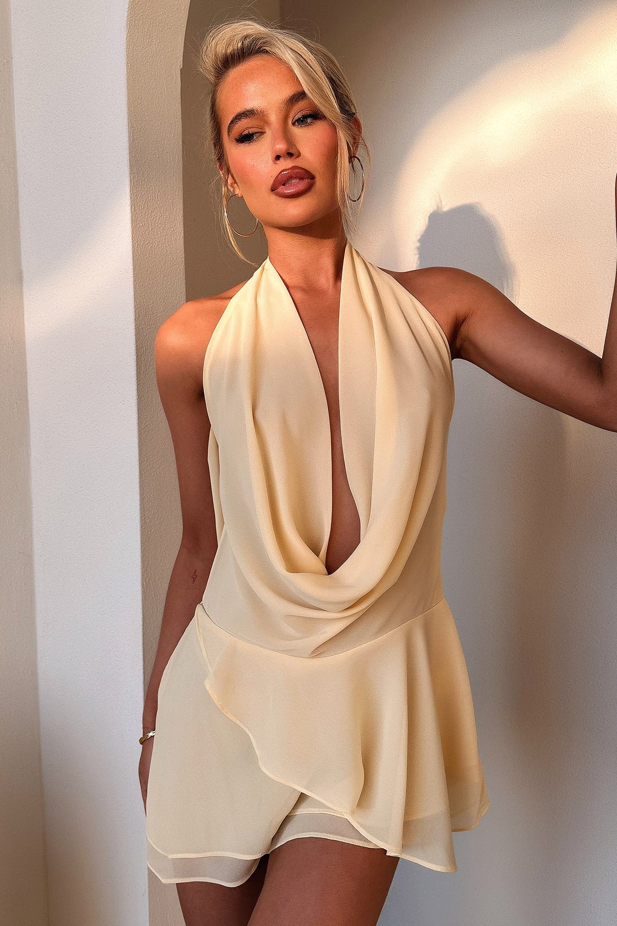 Cleo Plunge Cowl Neck Mini Dress - Yellow