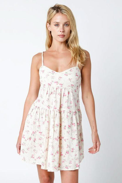 Promenade Cream and Pink Floral Tiered Mini Dress