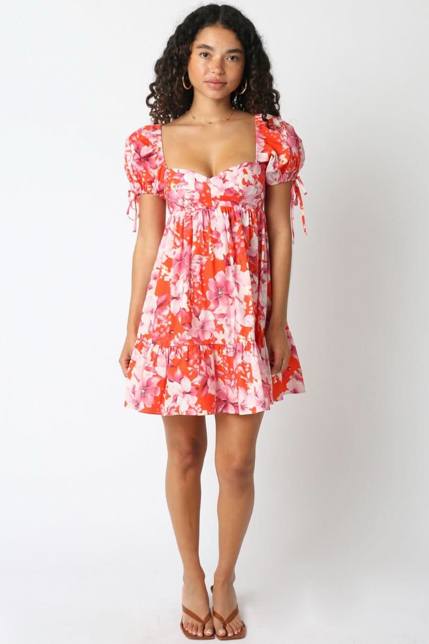 Jessie Orange and Pink Floral Babydoll Mini Dress
