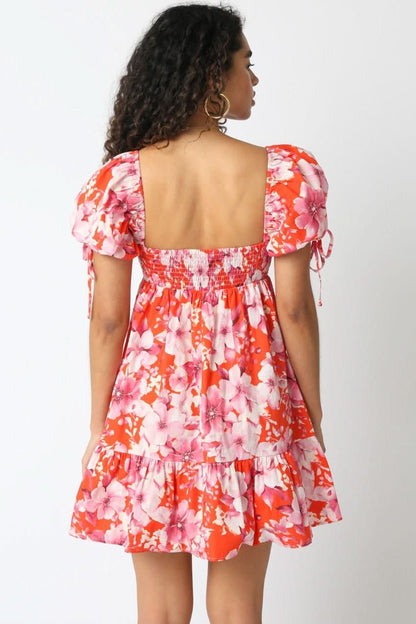 Jessie Orange and Pink Floral Babydoll Mini Dress