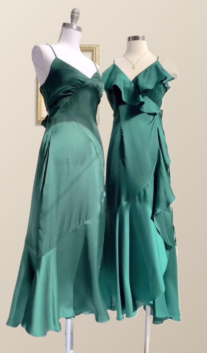 Straps Green Ruffles Wrap Midi Party Dress