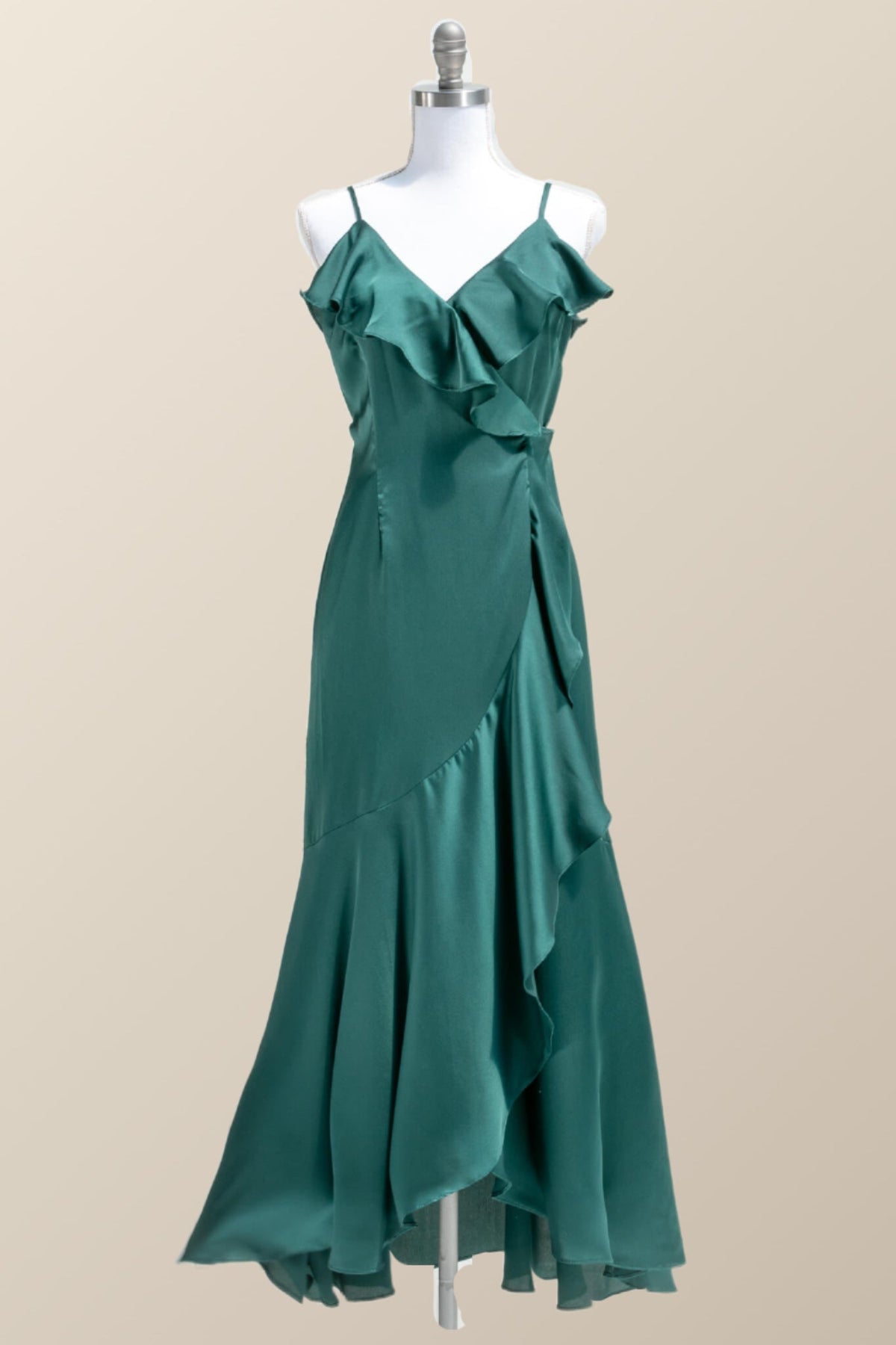 Straps Green Ruffles Wrap Midi Party Dress