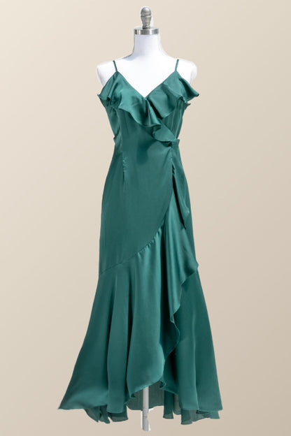 Straps Green Ruffles Wrap Midi Party Dress