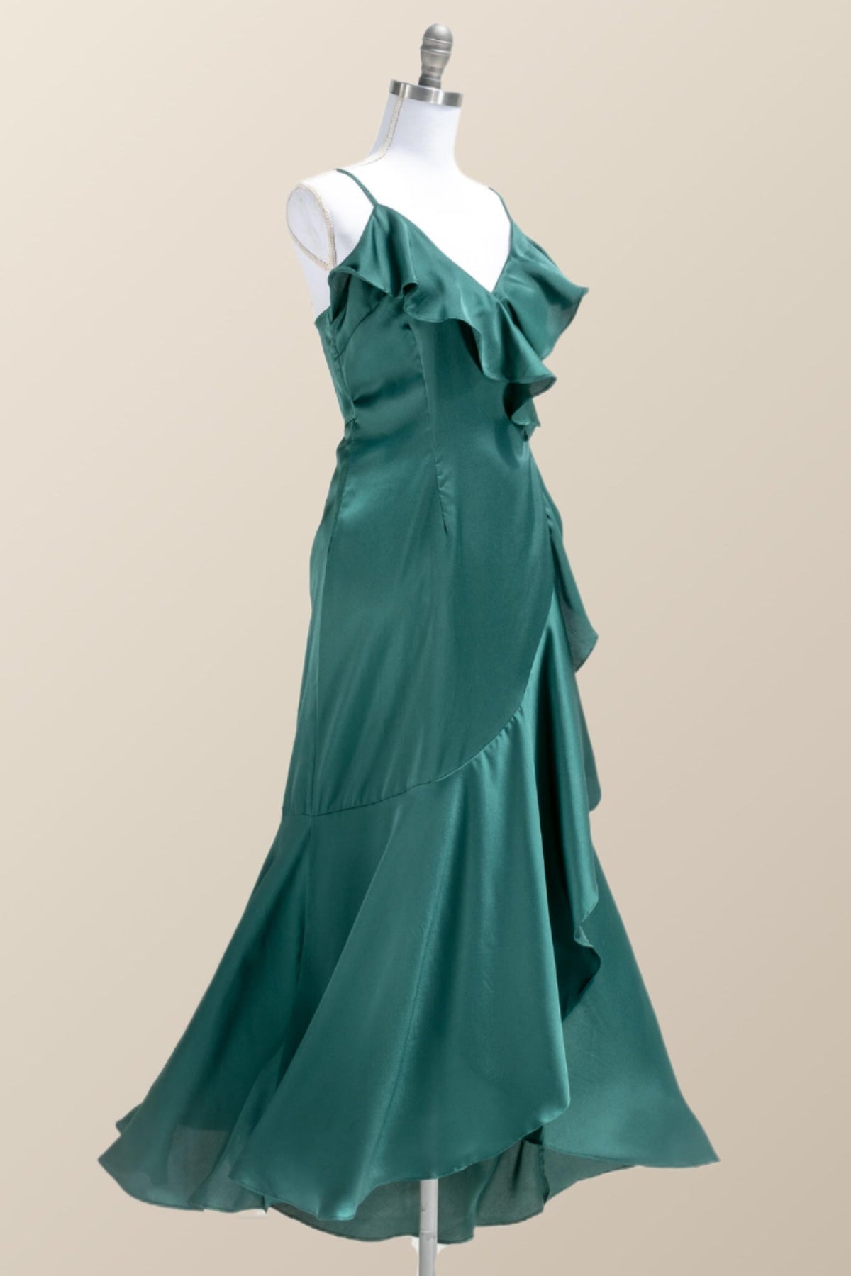 Straps Green Ruffles Wrap Midi Party Dress