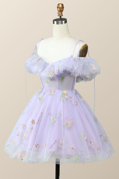 Straps Lavender Floral A-line Short Homecoming Dress