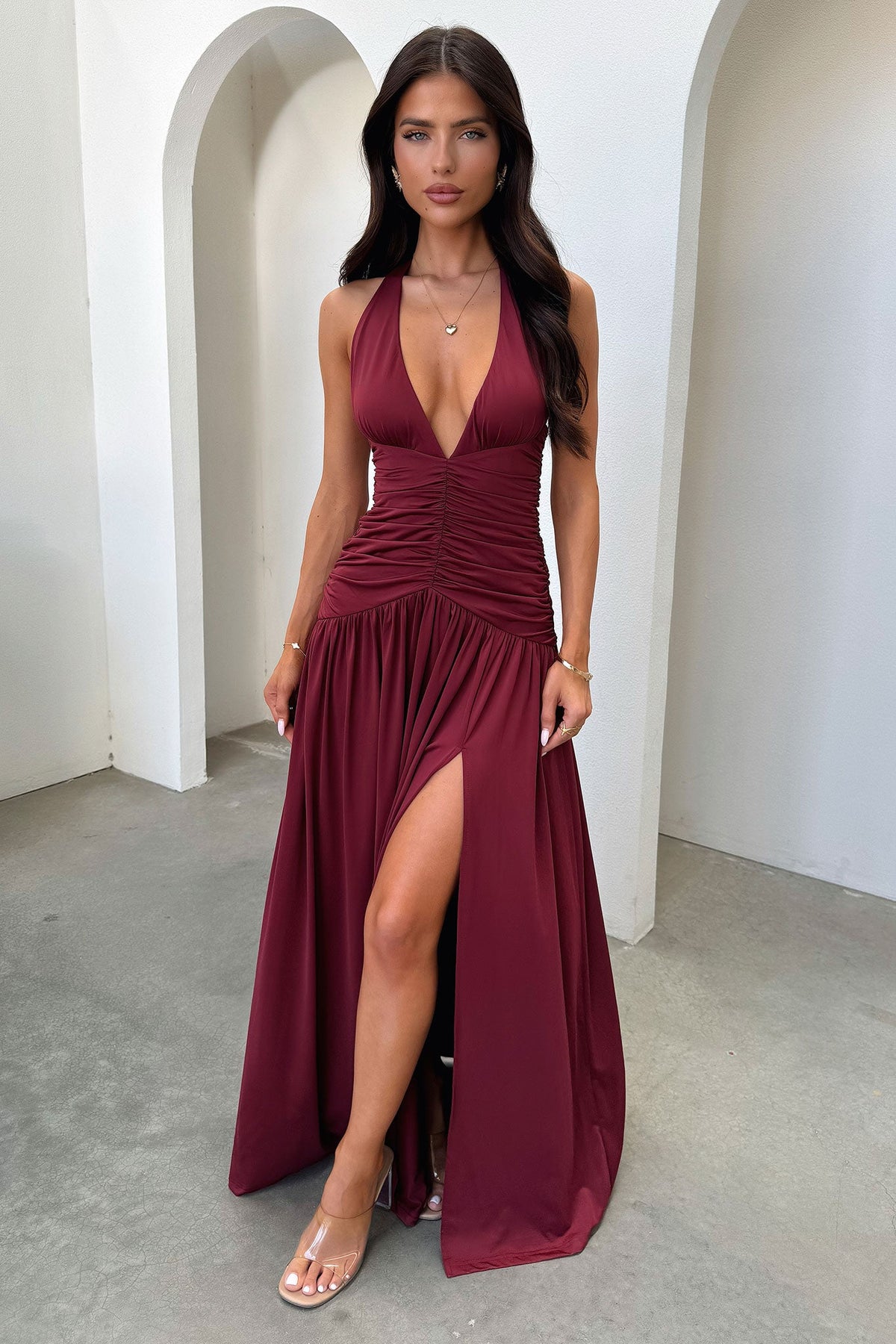 Ginevra Ruched Halter Maxi Dress - Burgundy