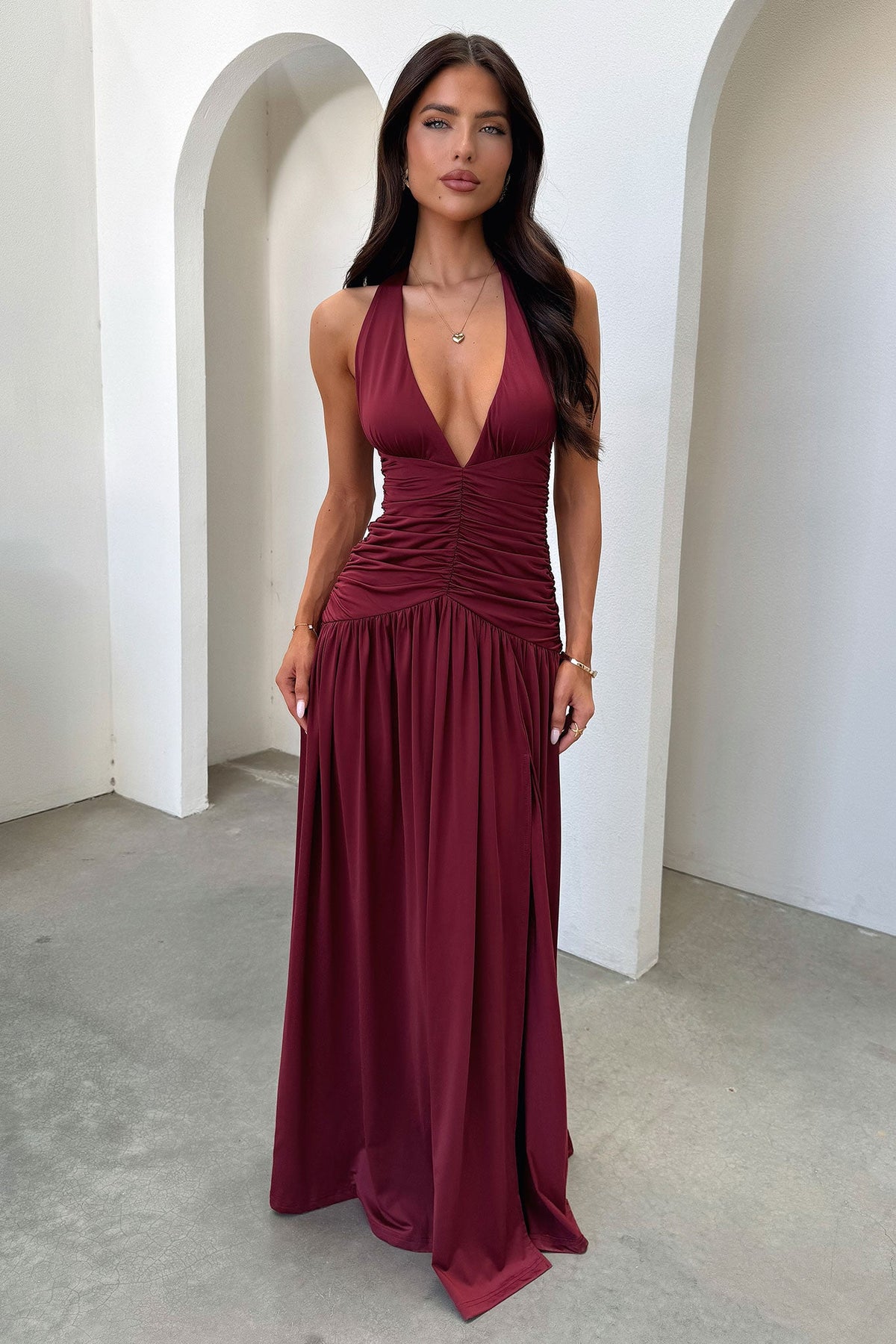 Ginevra Ruched Halter Maxi Dress - Burgundy