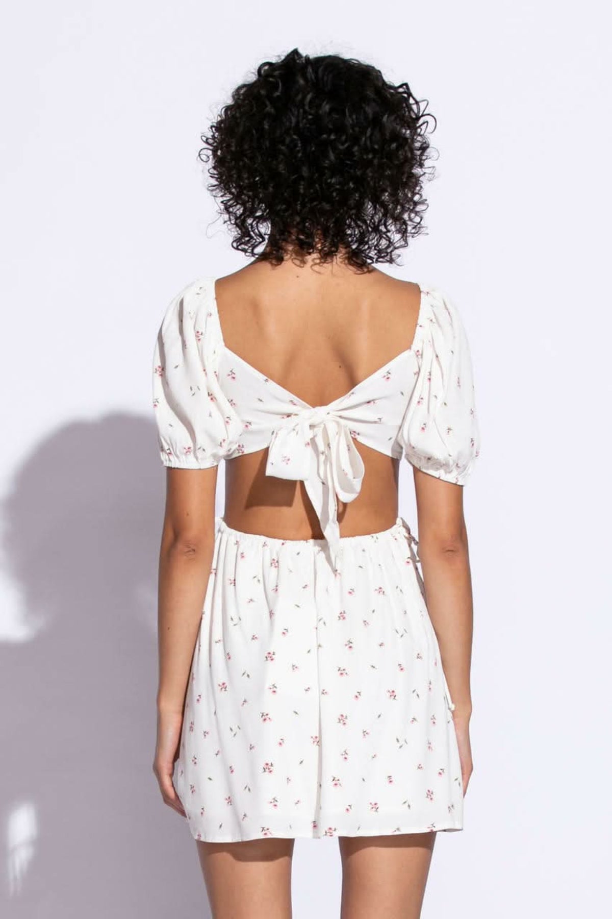 Valerie Ivory Floral Print Puff Sleeve Cutout Mini Dress