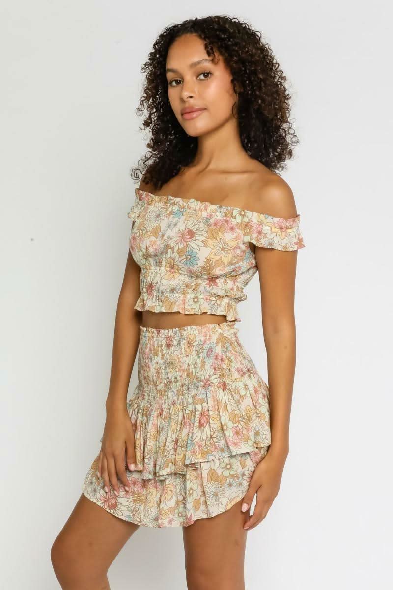 Lizza Taupe Floral Two-Piece Ruffle Mini Dress