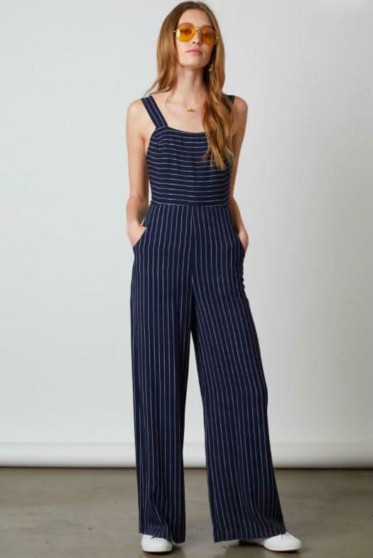 Stevie Navy Striped Apron Tie Back Jumpsuit