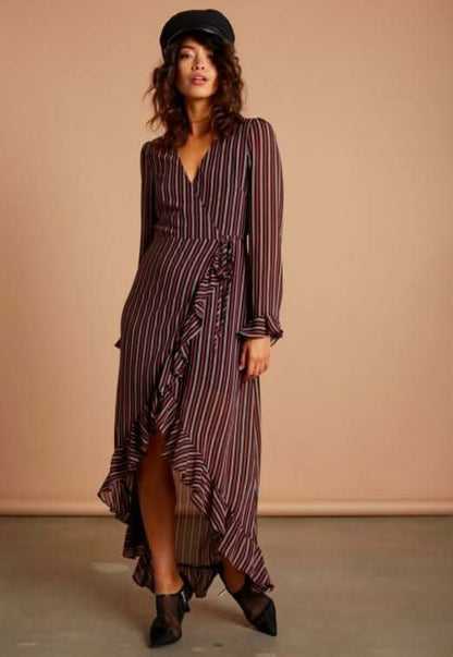 Vine Burgundy Stripe Long Sleeve Ruffle Wrap Maxi Dress