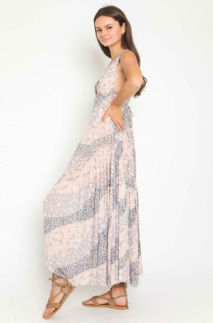 Rania Blush and Grey Print Plunge Maxi Dress