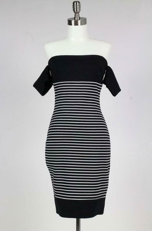 Worth it Black and White Striped Off-The-Shoulder Midi Dress