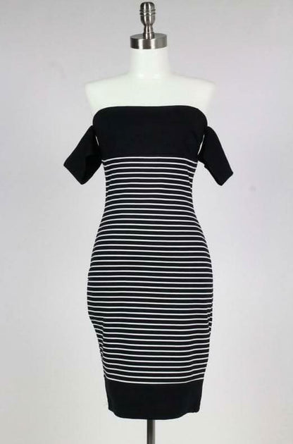 Worth it Black and White Striped Off-The-Shoulder Midi Dress