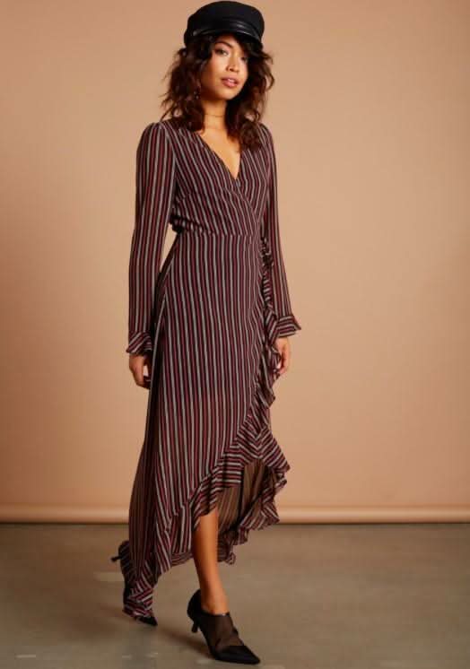 Vine Burgundy Stripe Long Sleeve Ruffle Wrap Maxi Dress