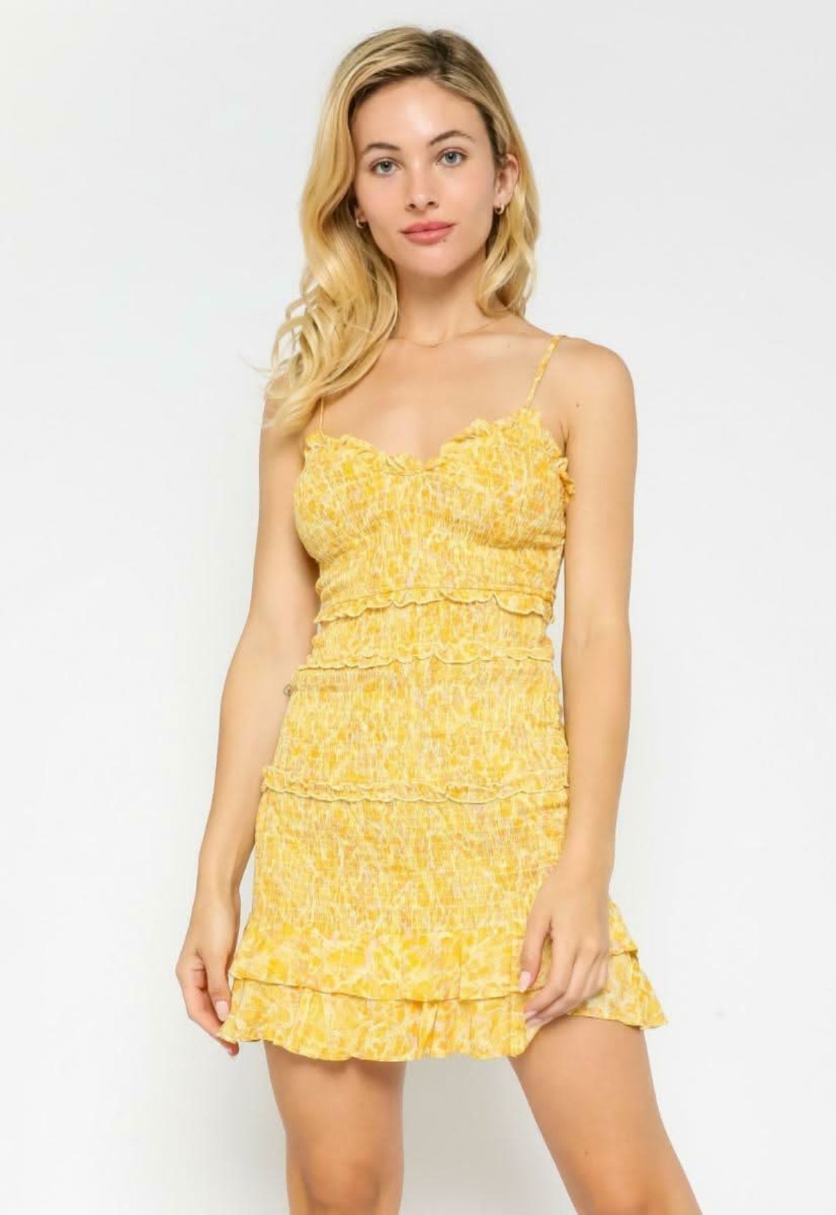 Rhea Yellow Snake Print Smocked Ruffle Mini Dress