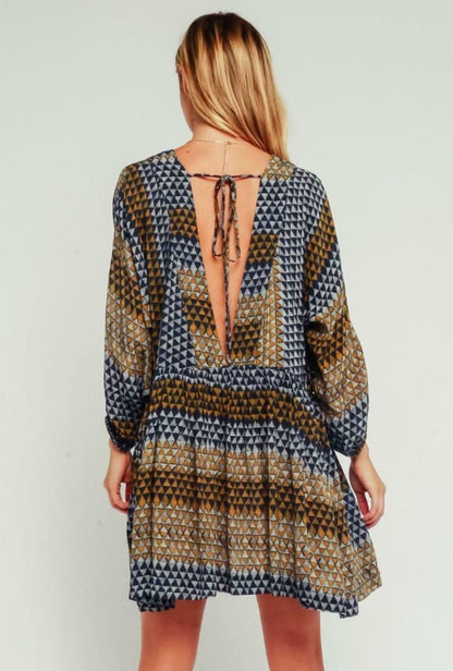 Rachel Indigo and Gold Plunge Swing Dress