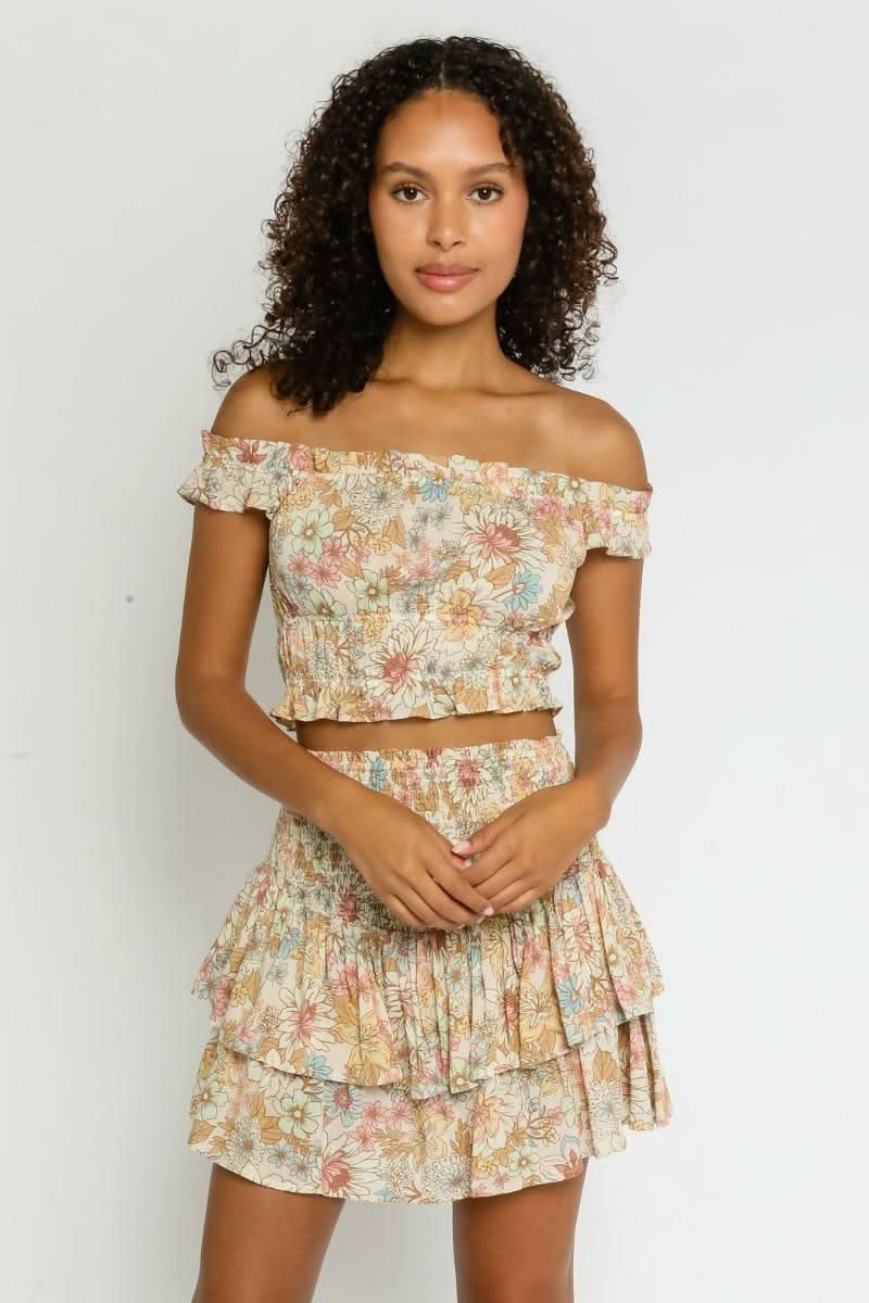 Lizza Taupe Floral Two-Piece Ruffle Mini Dress