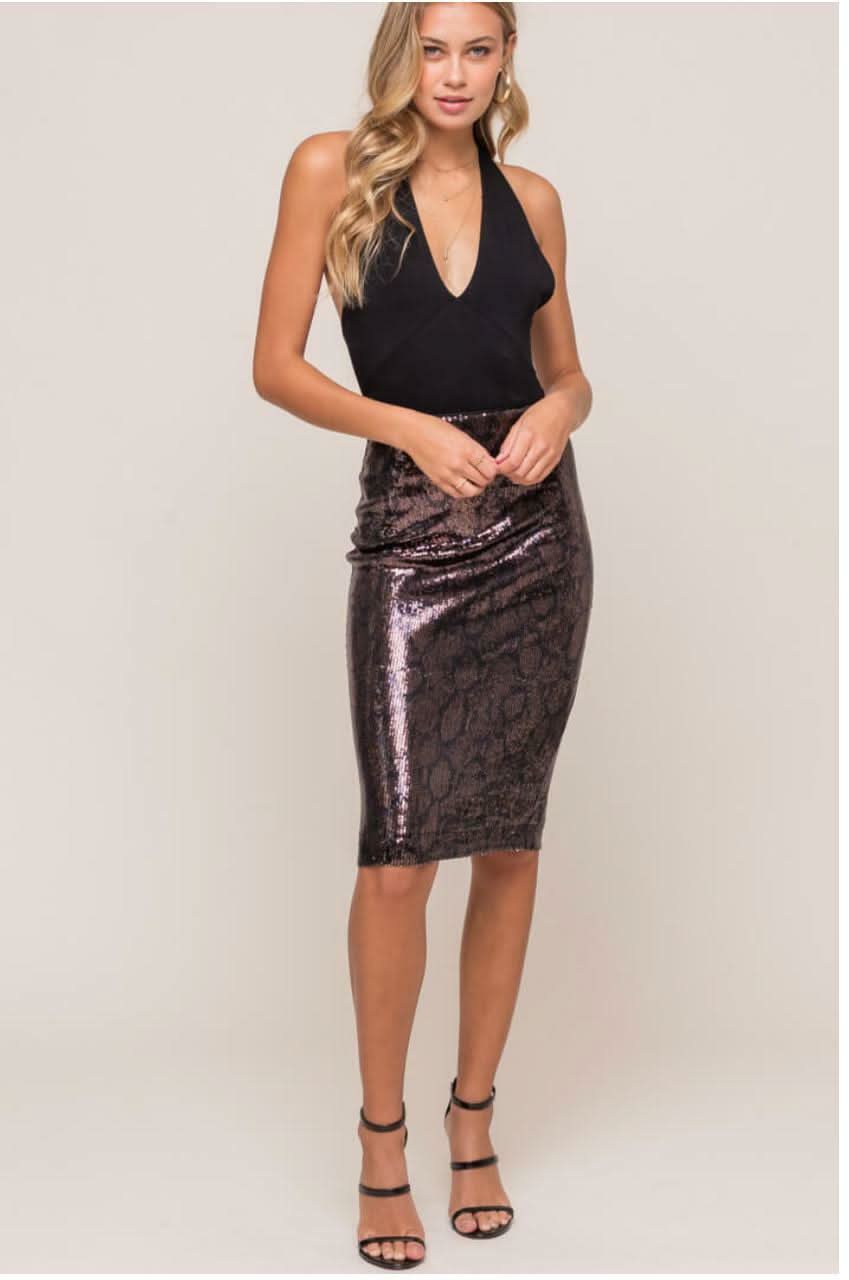 Wild One Black and Brown Python Sequin Midi Skirt