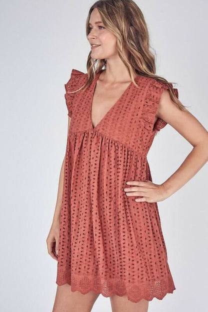 Sweet Caroline Rust Eyelet Romper Dress