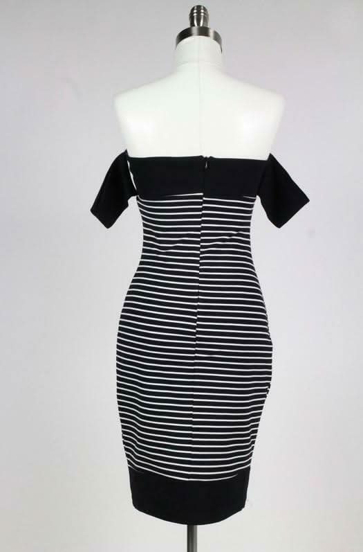 Worth it Black and White Striped Off-The-Shoulder Midi Dress
