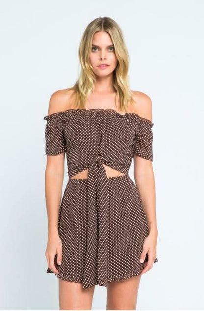 San Tropez Brown Polka Dot Off-the-Shoulder Mini Dress