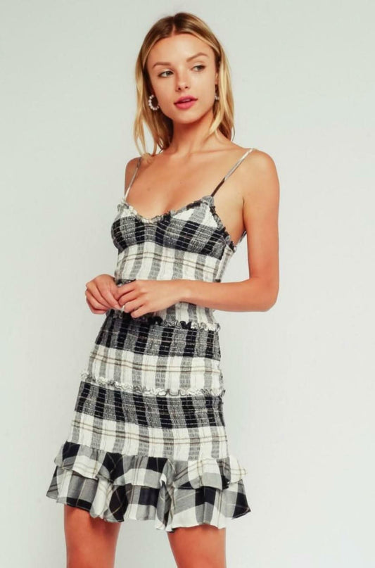 Rhea Black and Cream Plaid Print Smocked Ruffle Mini Dress