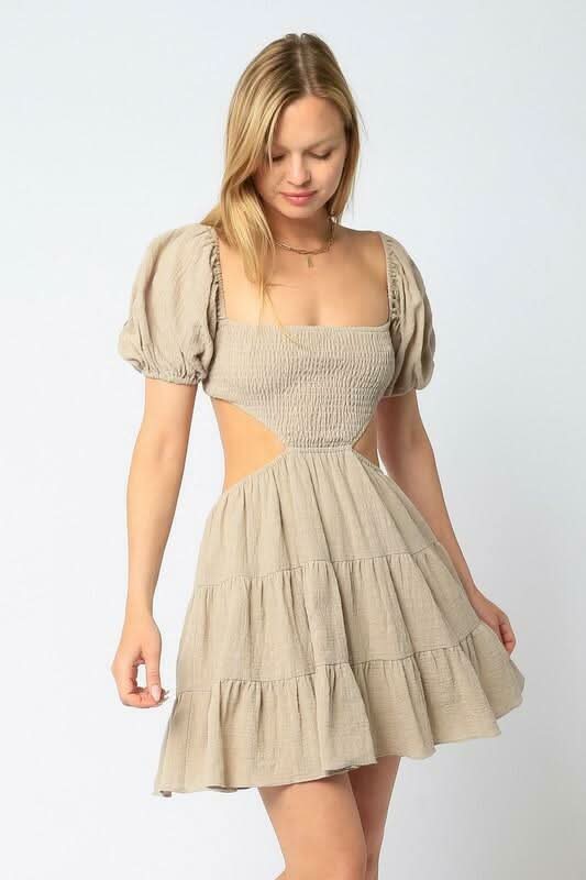 Lindsey Khaki Cutout Puff Sleeve Dress