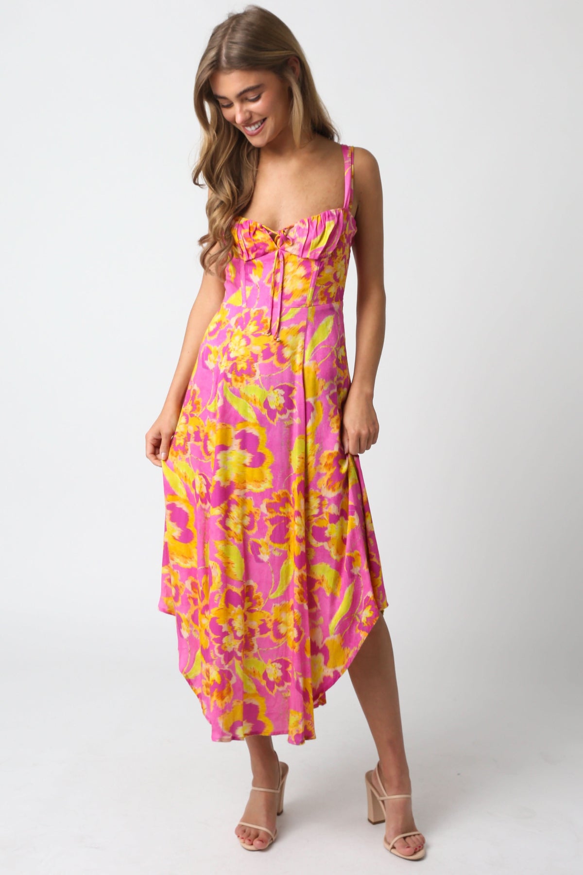 Ios Pink and Yellow Floral Corset Midi Dress