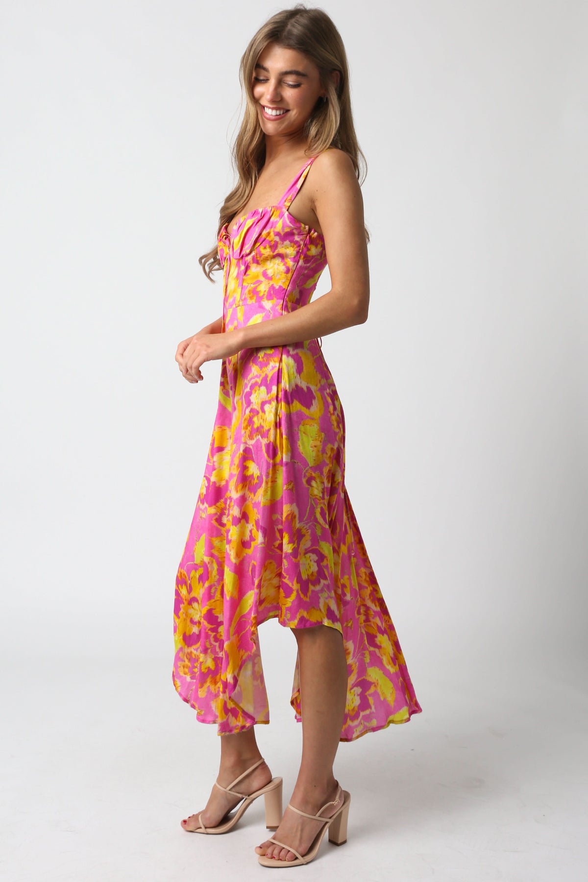Ios Pink and Yellow Floral Corset Midi Dress