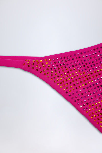 Embellished Thong Bikini Bottoms in Pink Tropical Print