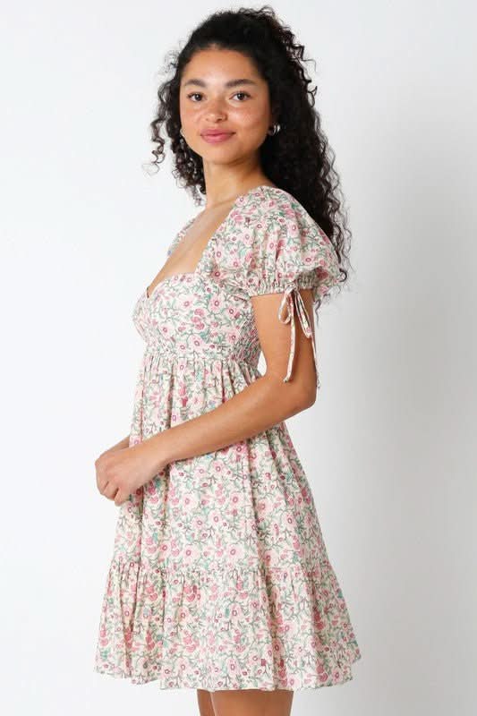 Jessie Pink and Green Floral Babydoll Mini Dress