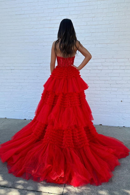 Sweetheart Black Lace Appliques Tiered Long Formal Dress